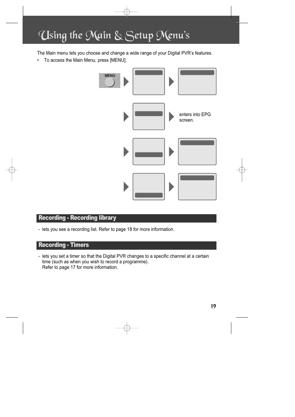 Using the main & setup menu’s, Recording - recording library, Recording - timers | Daewoo DSD-9502T User Manual | Page 20 / 28