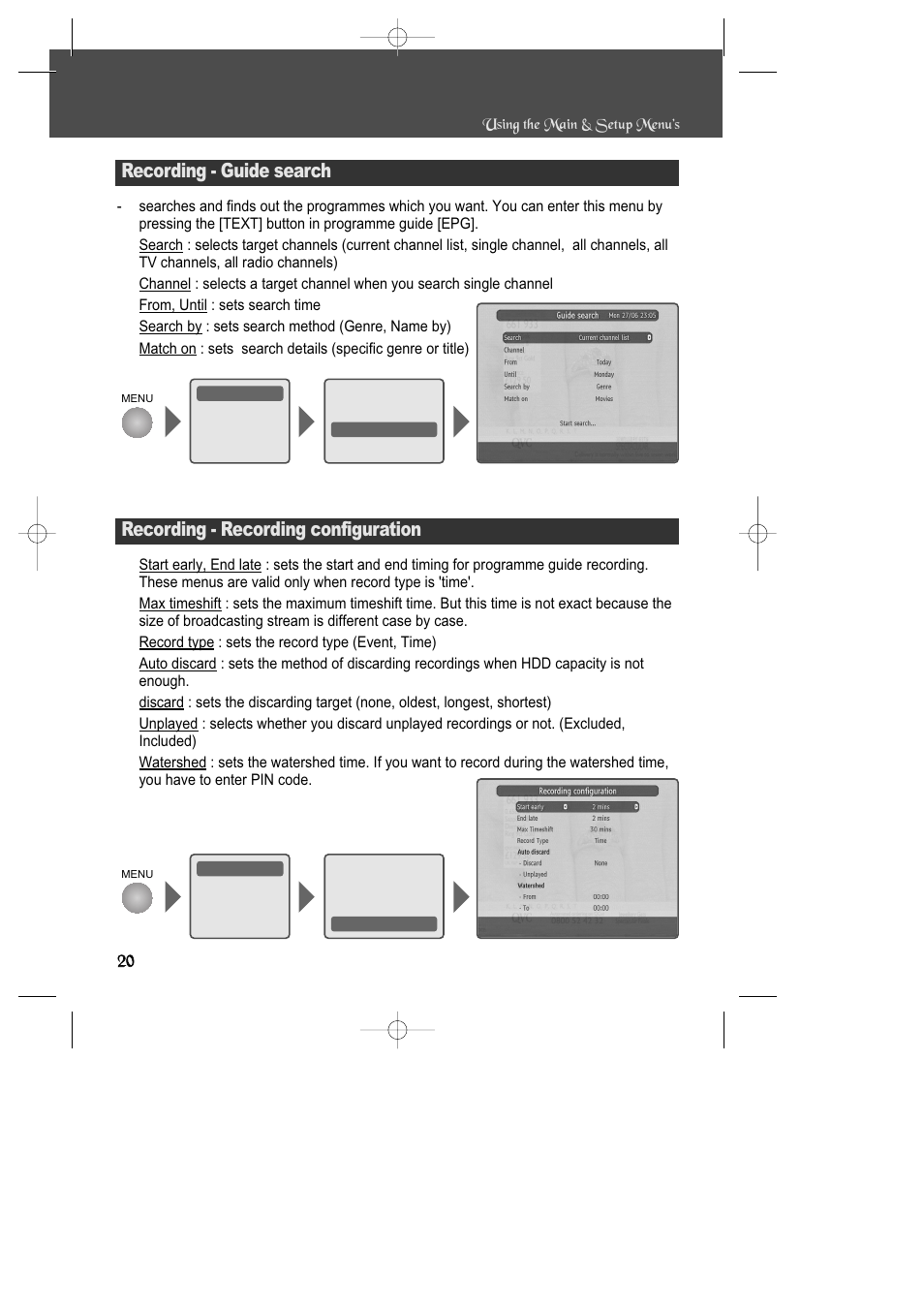 Recording - recording configuration, Recording - guide search | Daewoo DSD-9502T User Manual | Page 21 / 28