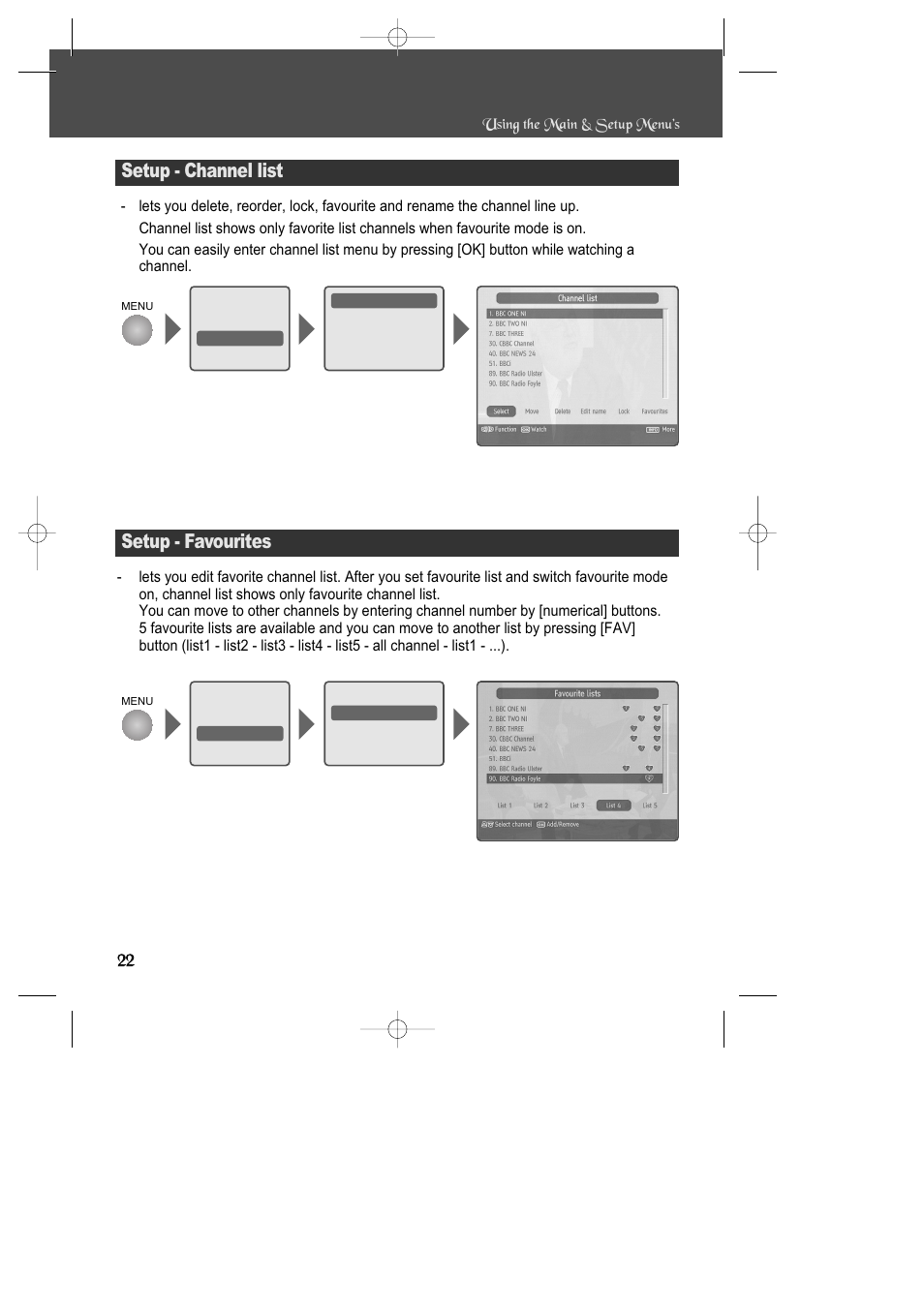 Setup - channel list, Setup - favourites | Daewoo DSD-9502T User Manual | Page 23 / 28