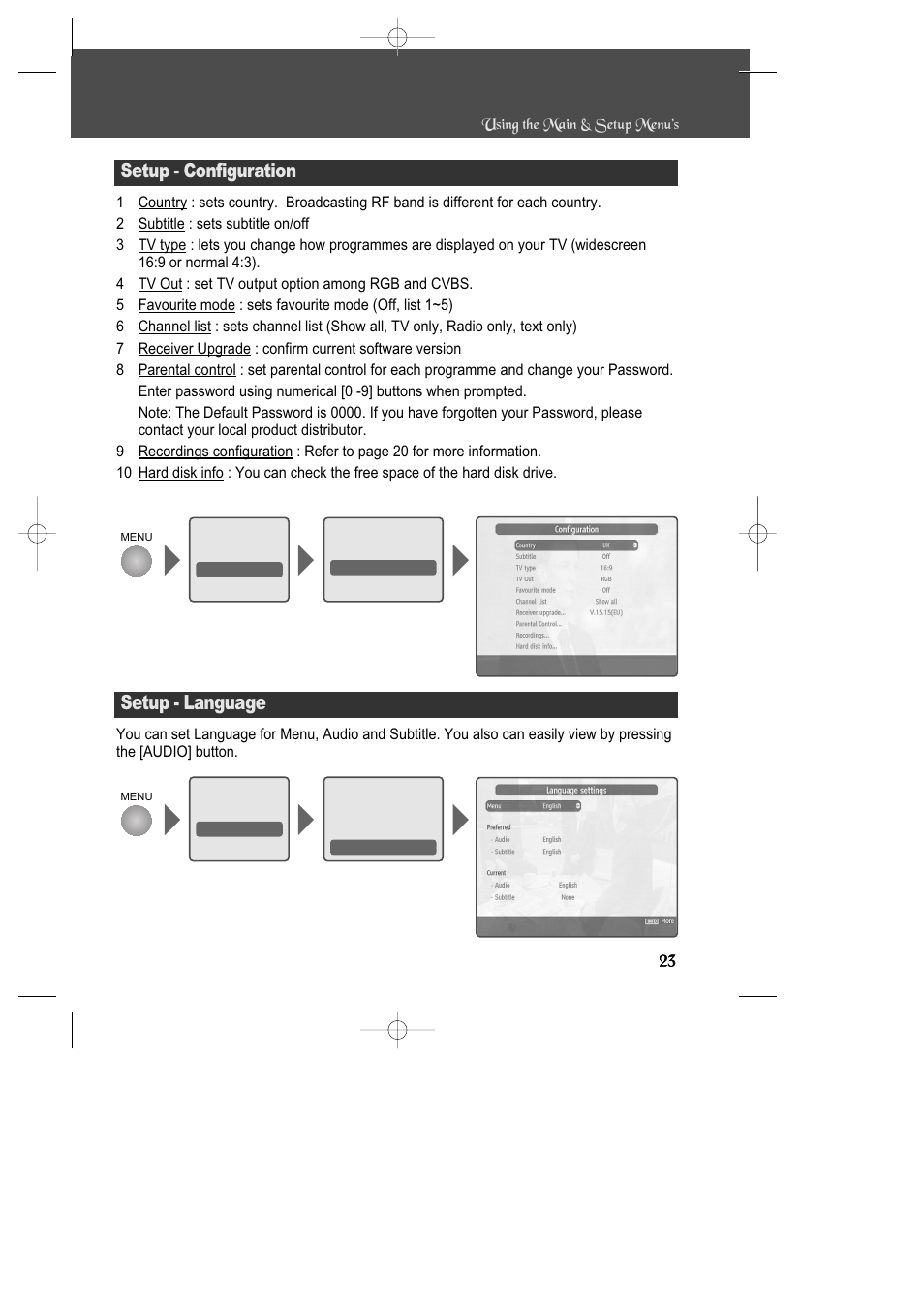 Setup - language, Setup - configuration | Daewoo DSD-9502T User Manual | Page 24 / 28