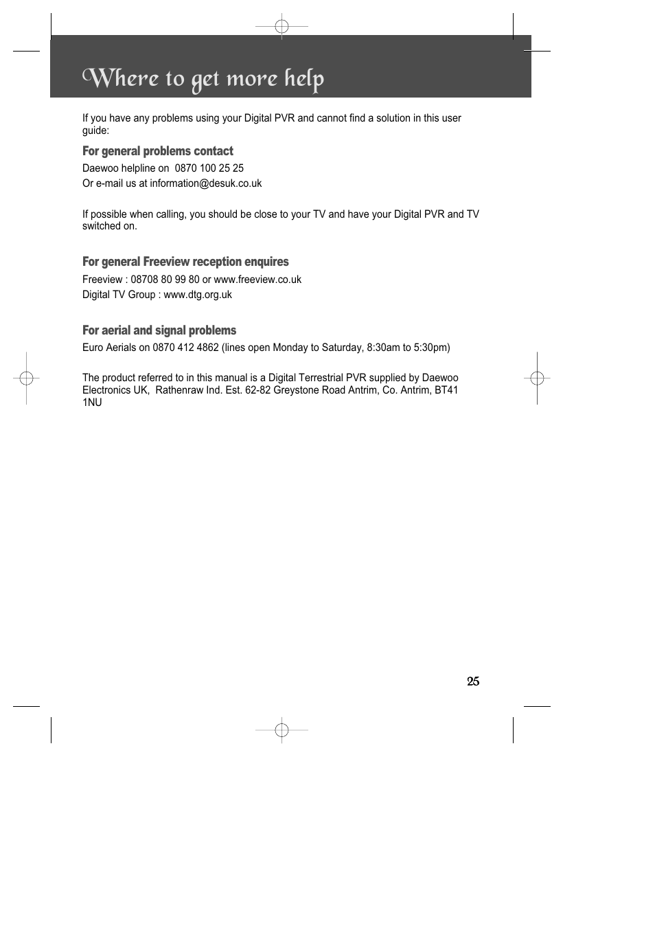 W here to get more help | Daewoo DSD-9502T User Manual | Page 26 / 28