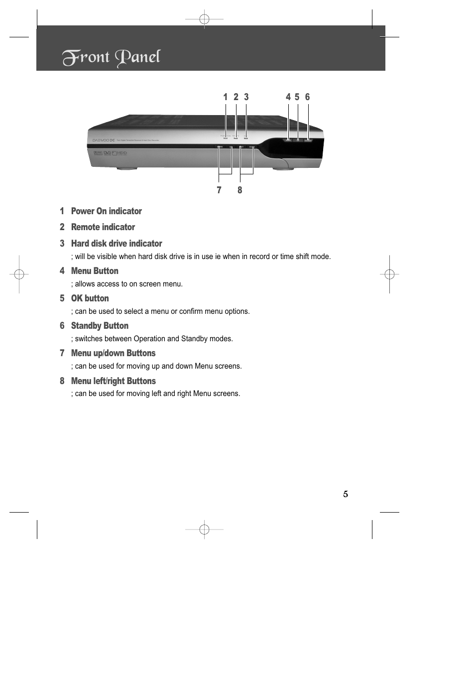 Front panel | Daewoo DSD-9502T User Manual | Page 6 / 28