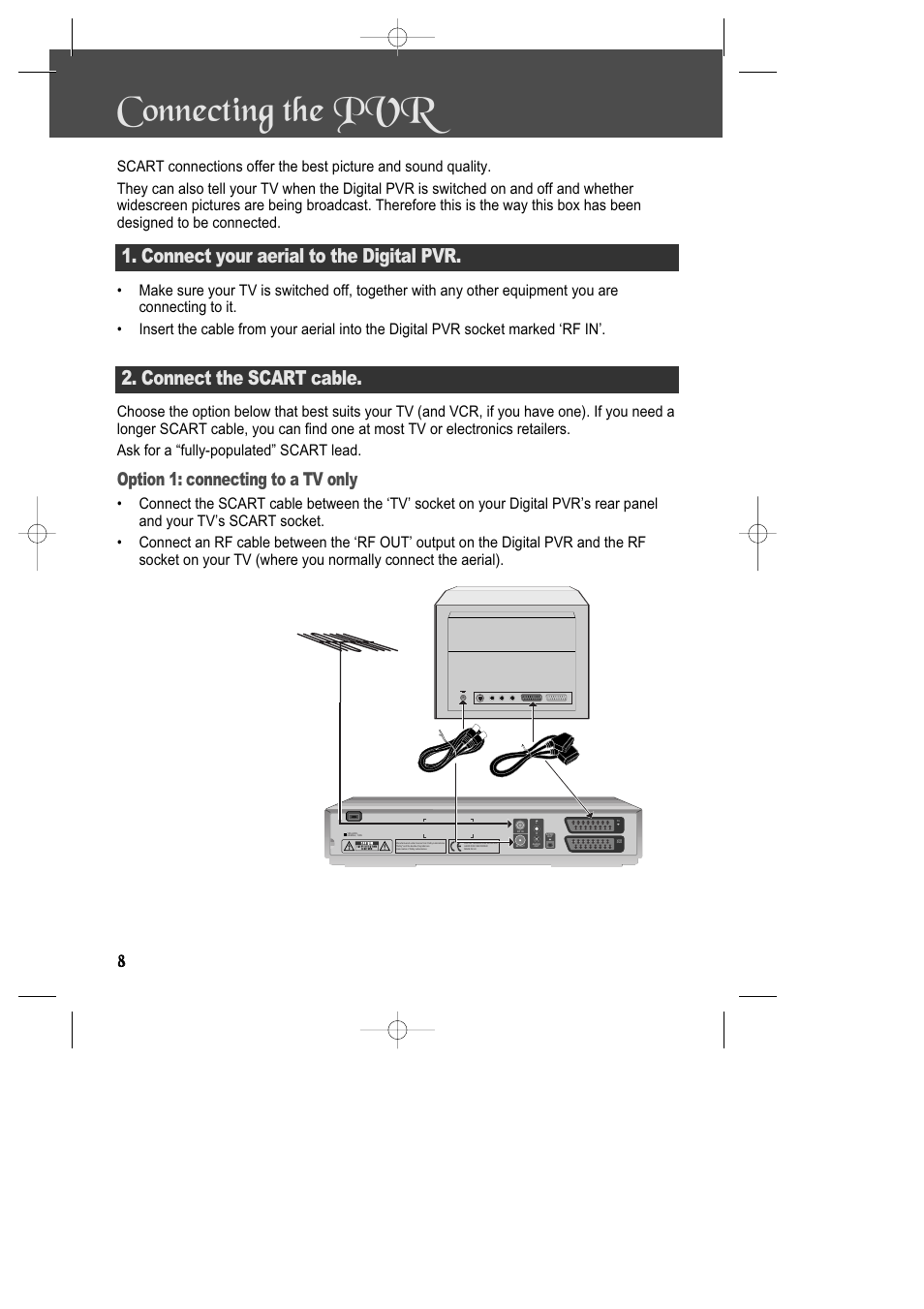 Connecting the pvr, Connect your aerial to the digital pvr, Connect the scart cable | Option 1: connecting to a tv only | Daewoo DSD-9502T User Manual | Page 9 / 28