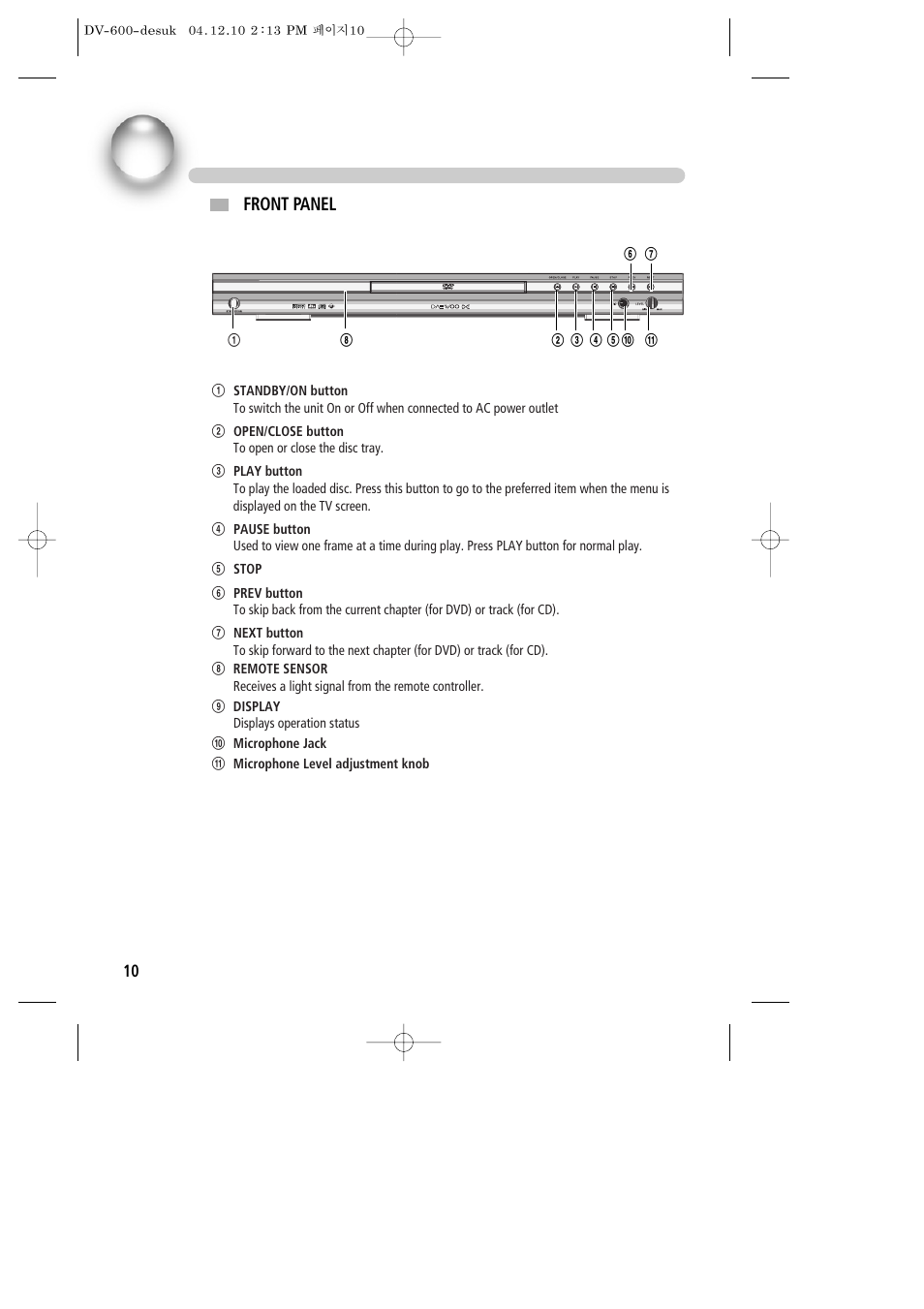 Preparations before operation, Front panel | Daewoo DV-600 User Manual | Page 11 / 39