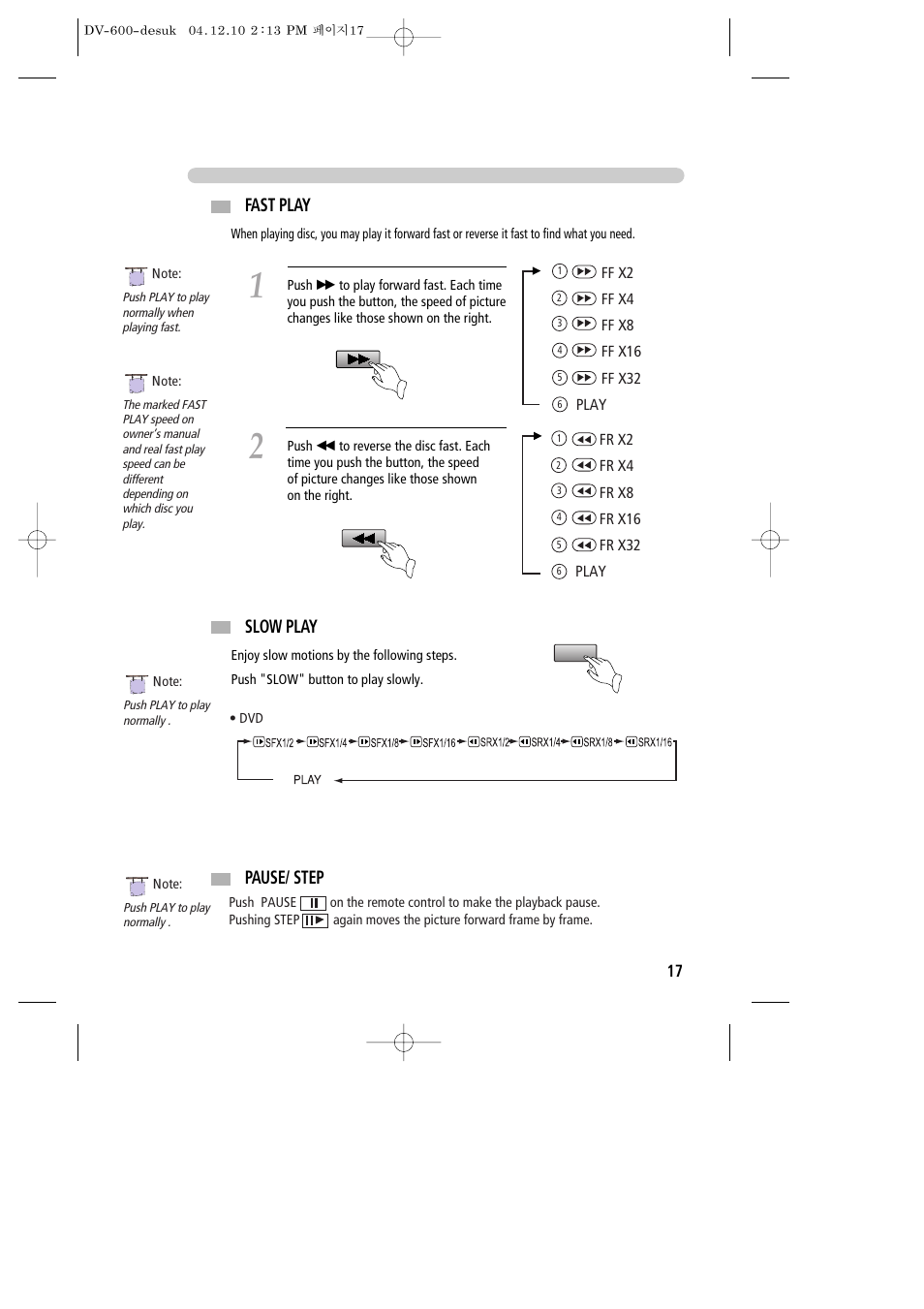 Fast play, Slow play pause/ step | Daewoo DV-600 User Manual | Page 18 / 39