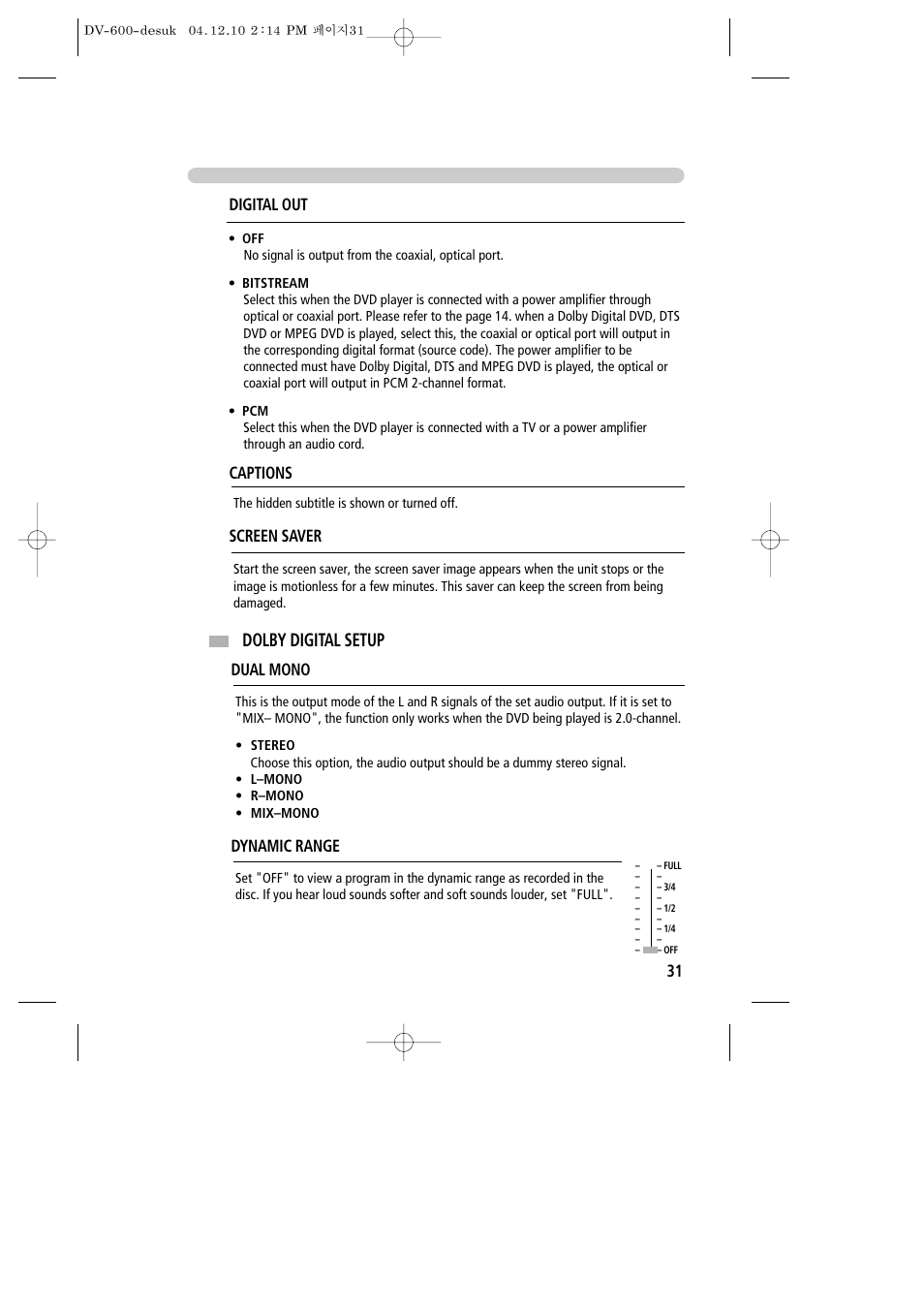 Dolby digital setup, Captions, Screen saver | Digital out, Dual mono, Dynamic range | Daewoo DV-600 User Manual | Page 32 / 39