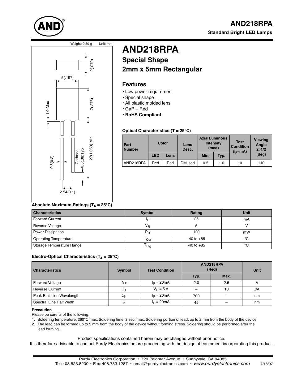 Purdy AND218RPA User Manual | 2 pages