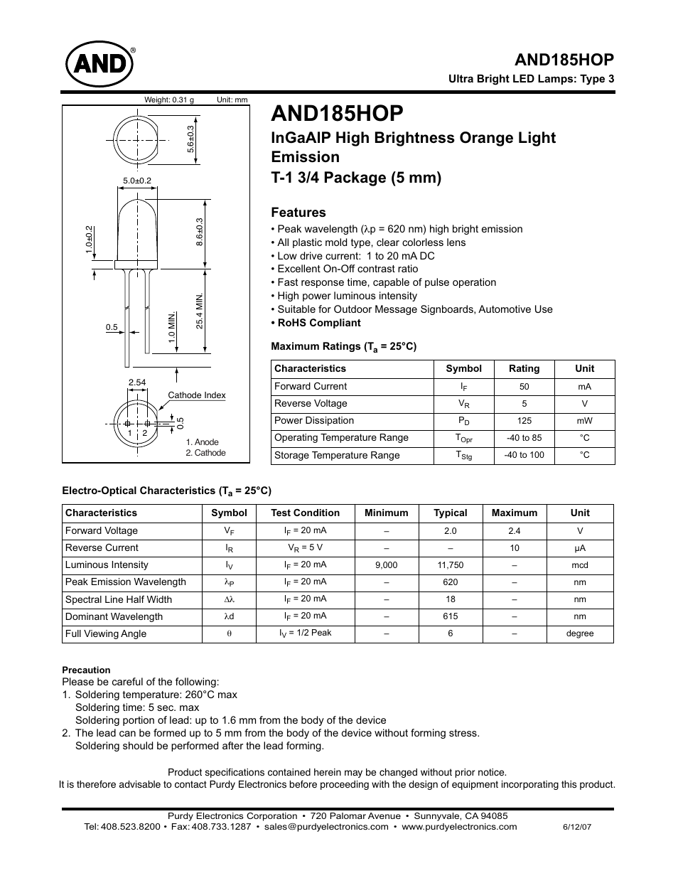 Purdy AND185HOP User Manual | 2 pages