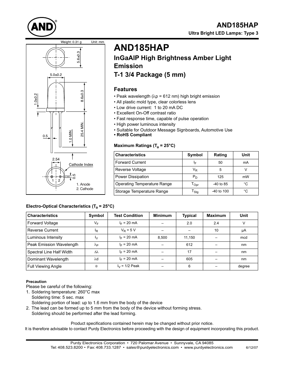 Purdy AND185HAP User Manual | 2 pages