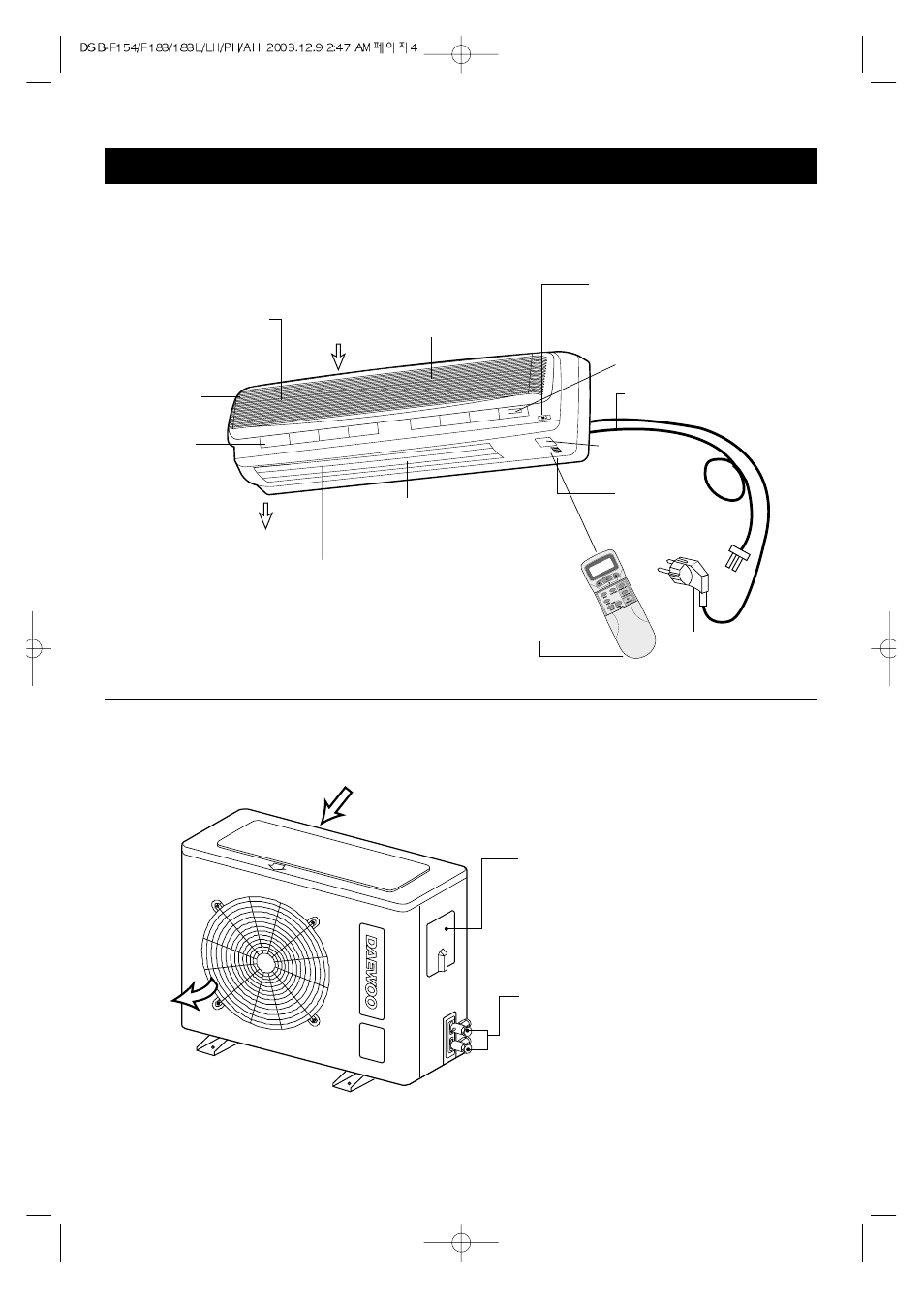 Location of controls, Indoor unit outdoor unit | Daewoo DSB-F154LH User Manual | Page 3 / 18