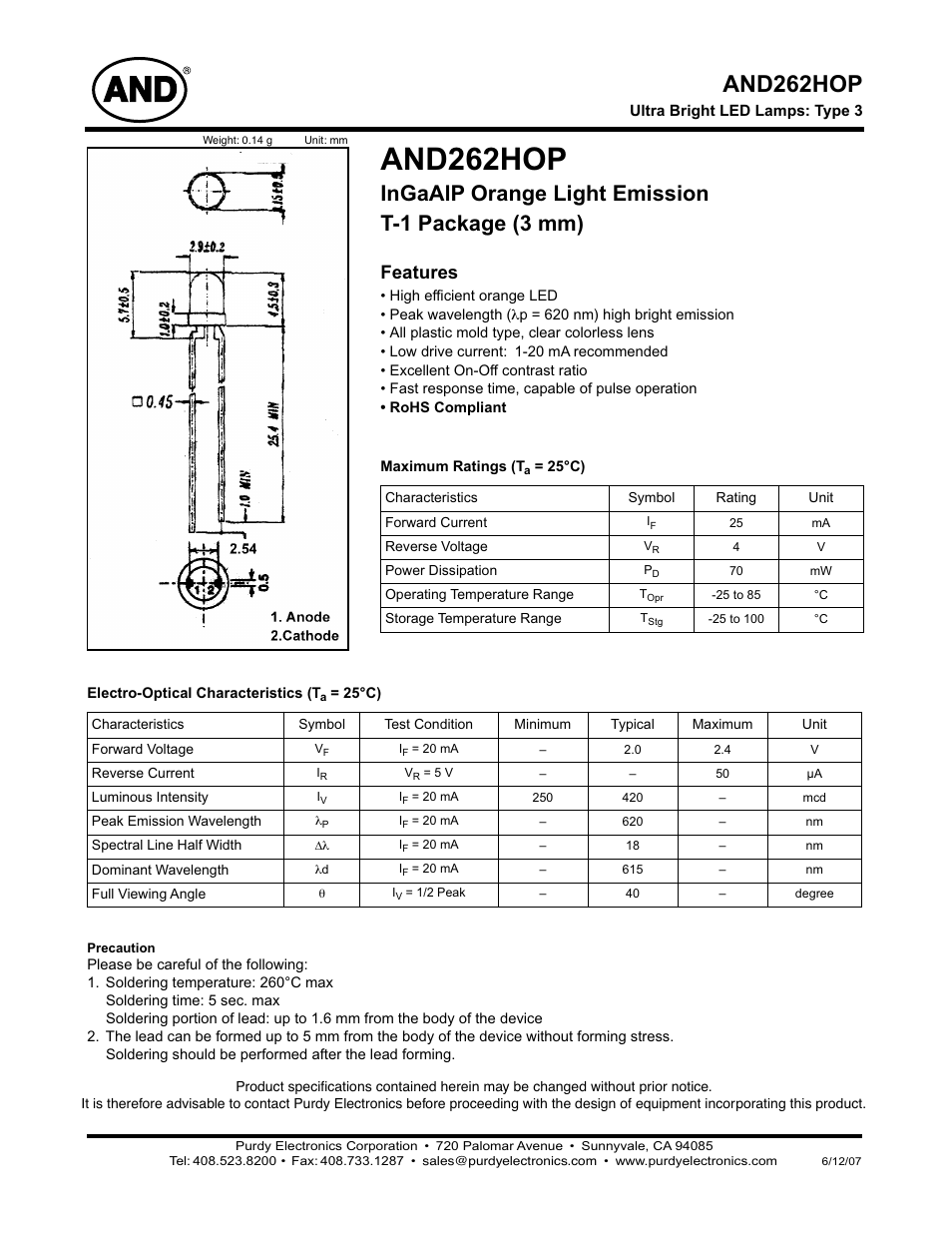 Purdy AND262HOP User Manual | 2 pages