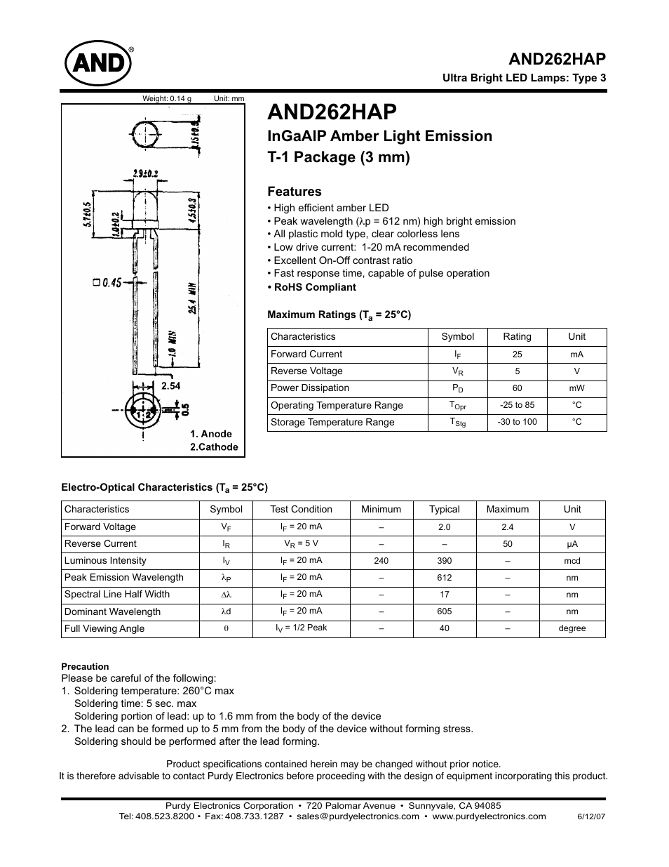 Purdy AND262HAP User Manual | 2 pages