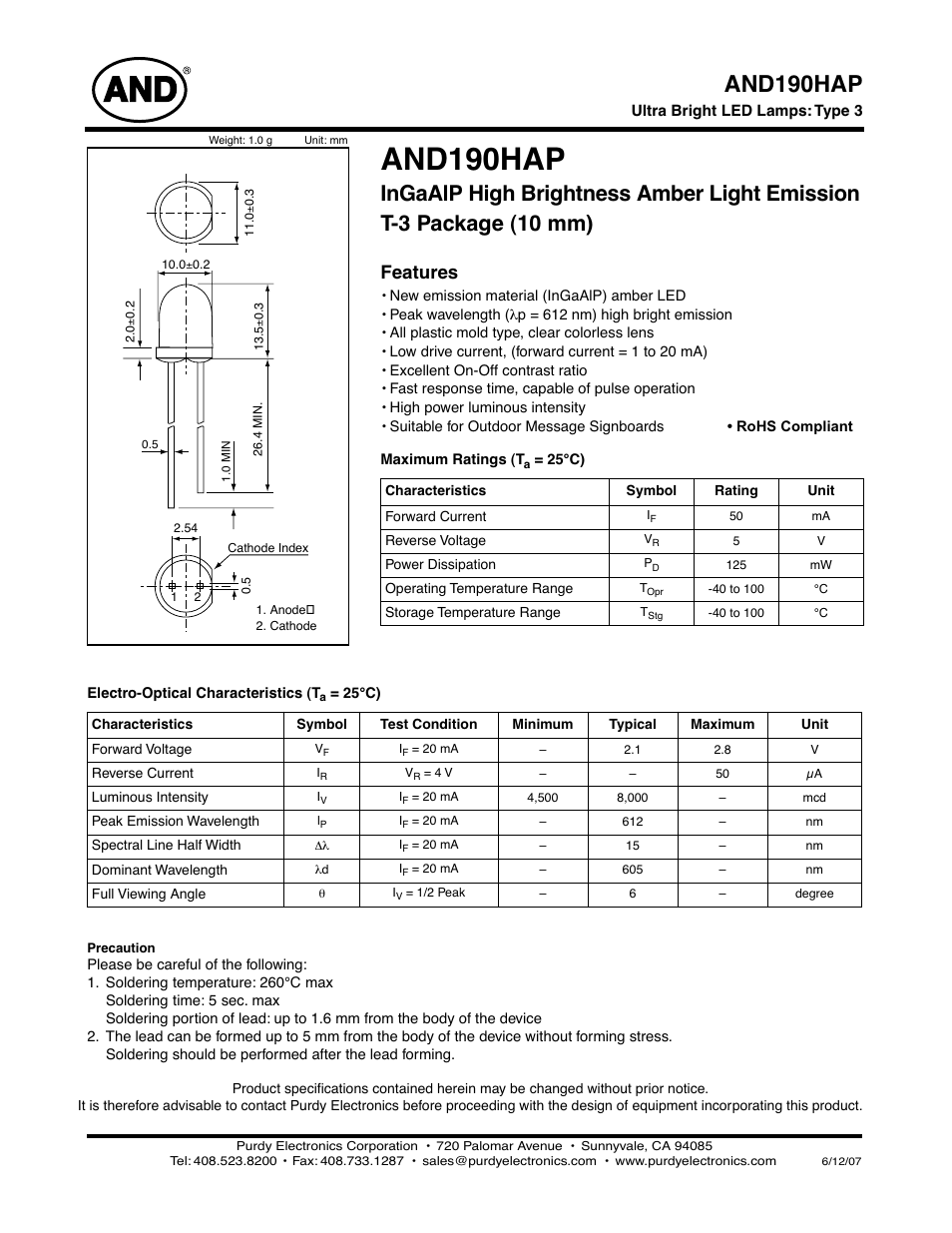 Purdy AND190HAP User Manual | 2 pages