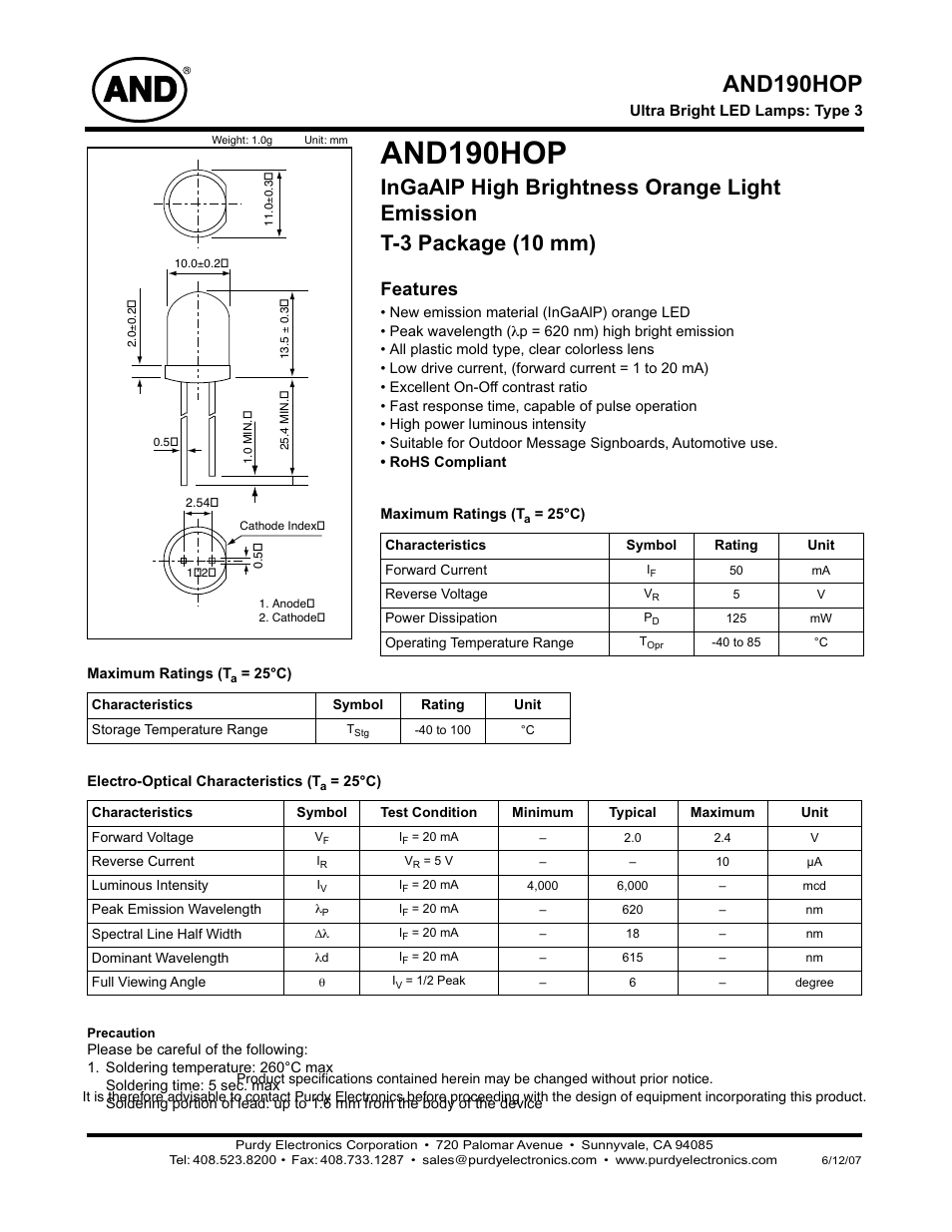 Purdy AND190HOP User Manual | 4 pages