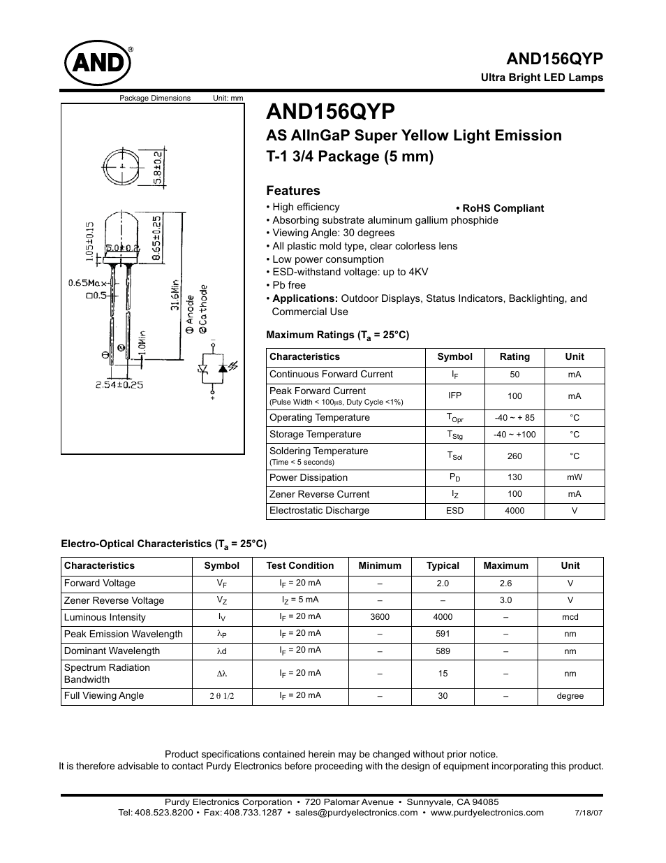 Purdy AND156QYP User Manual | 2 pages