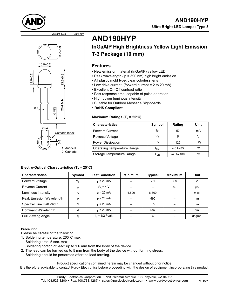 Purdy AND190HYP User Manual | 2 pages