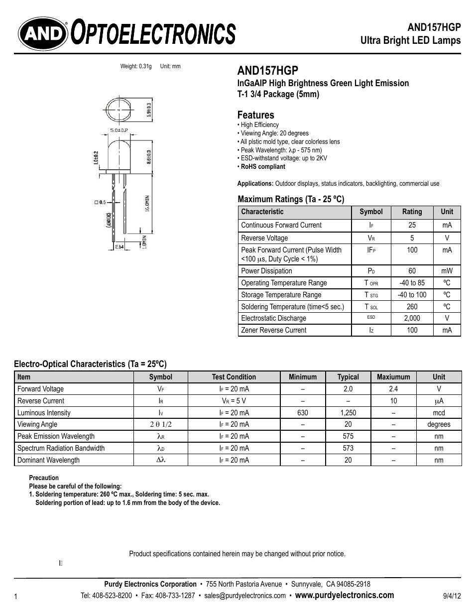 Purdy AND157HGP User Manual | 2 pages