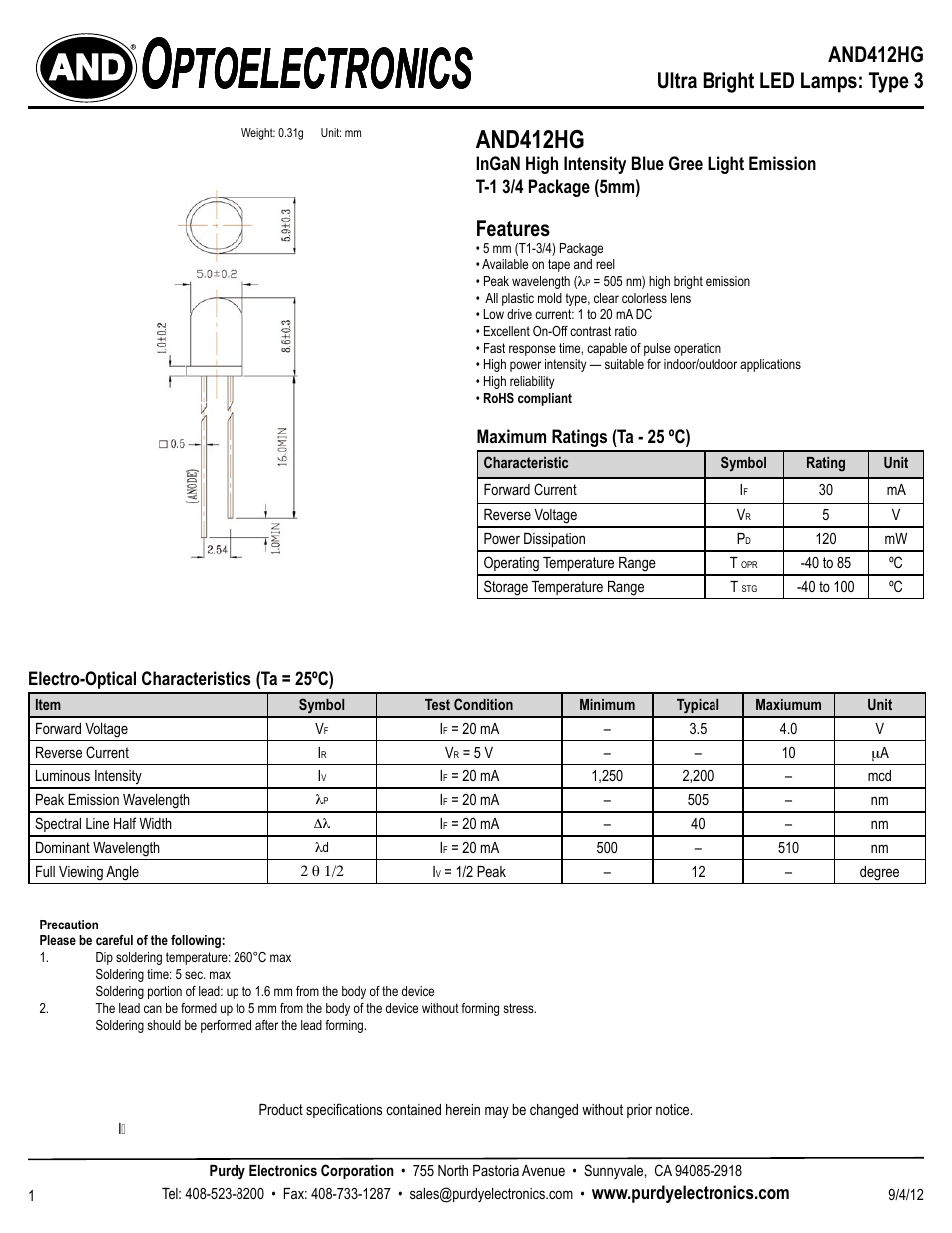 Purdy AND412HG User Manual | 2 pages