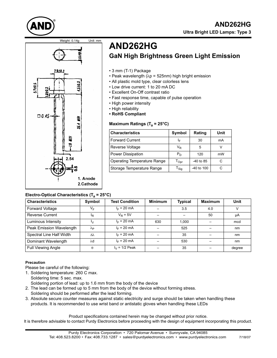 Purdy AND262HG User Manual | 2 pages