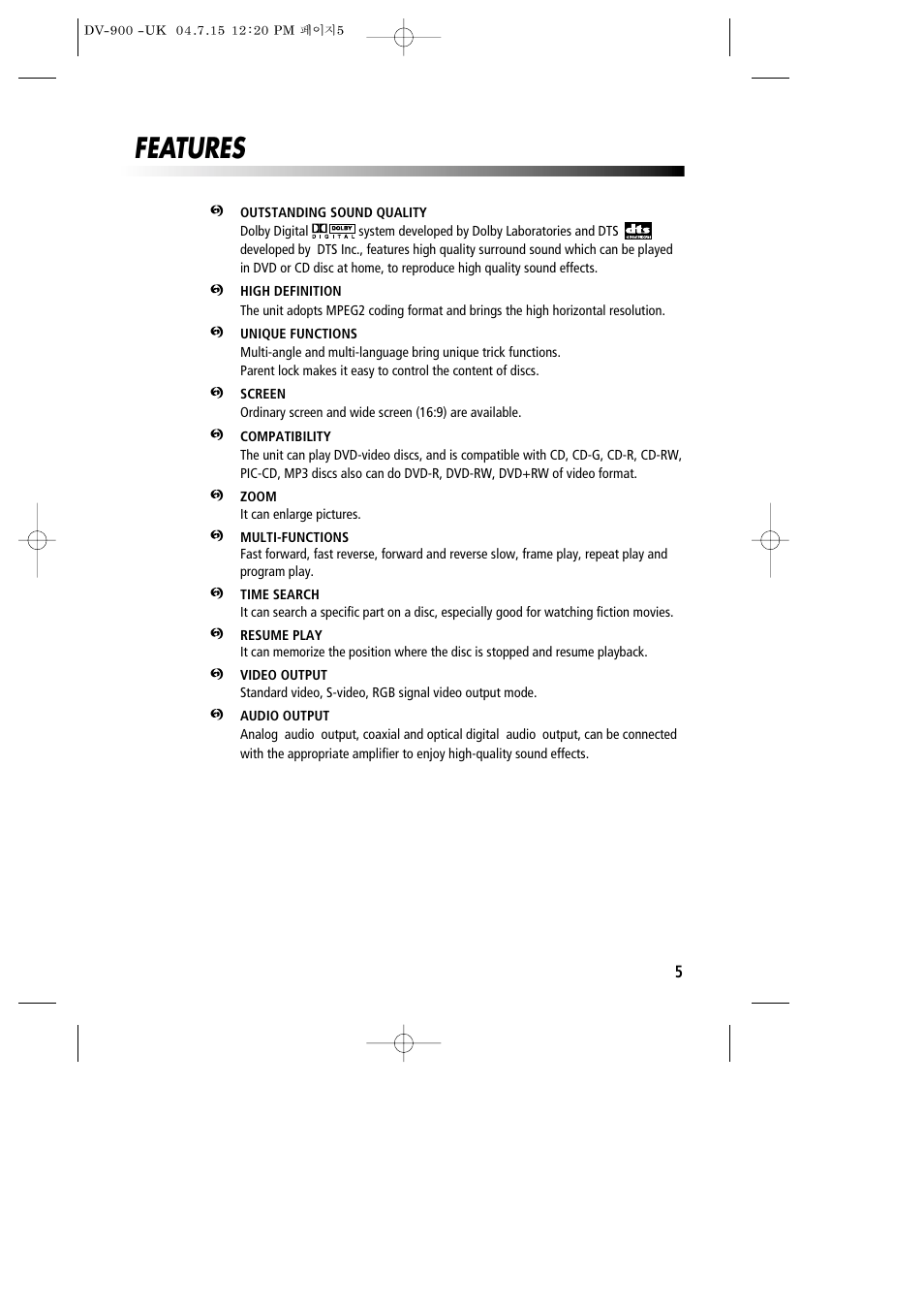 Features | Daewoo DV-900 User Manual | Page 6 / 43
