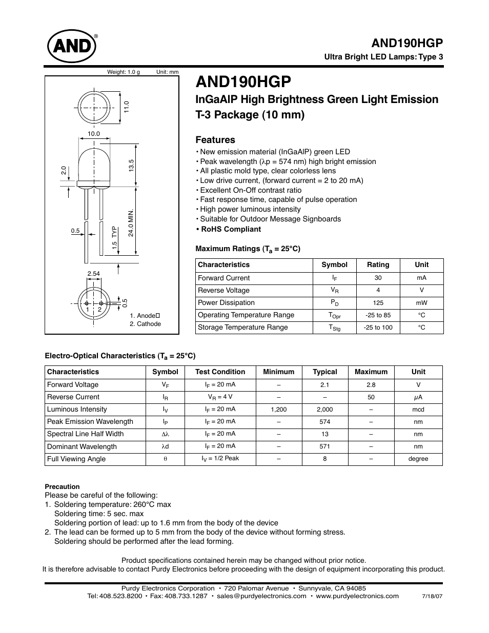 Purdy AND190HGP User Manual | 2 pages