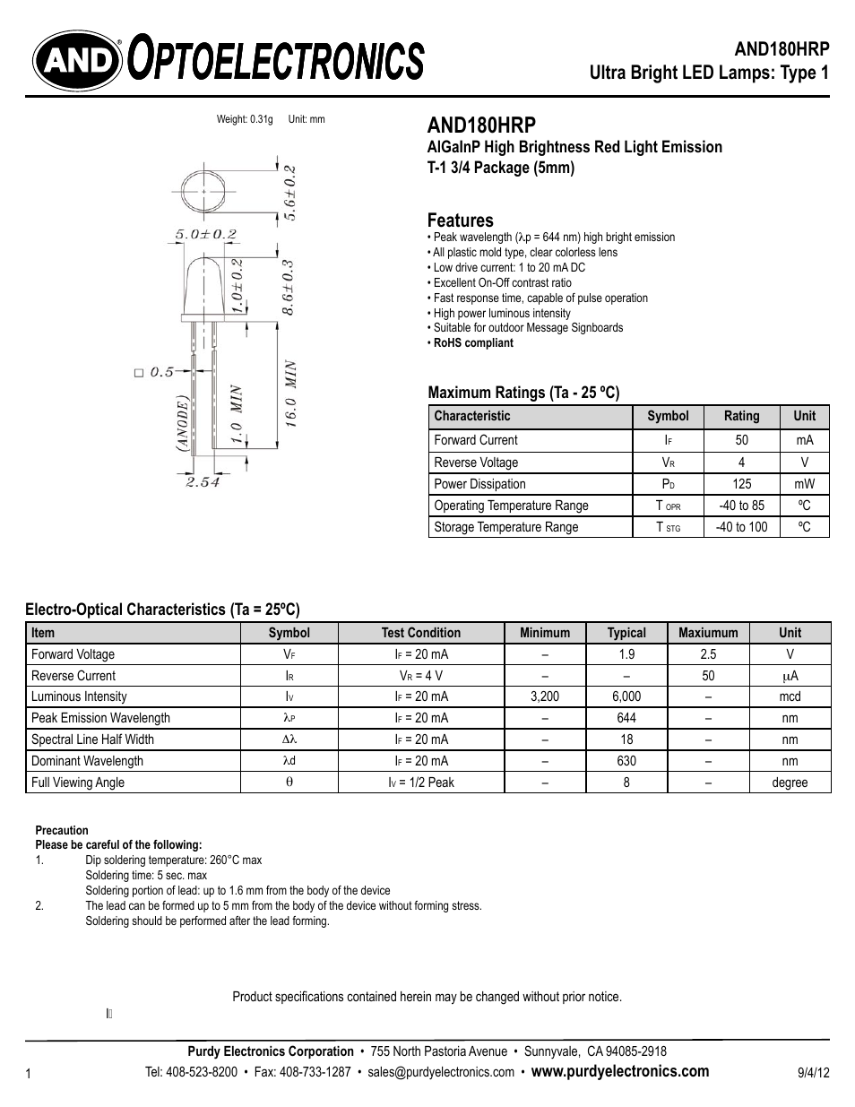 Purdy AND180HRP User Manual | 2 pages