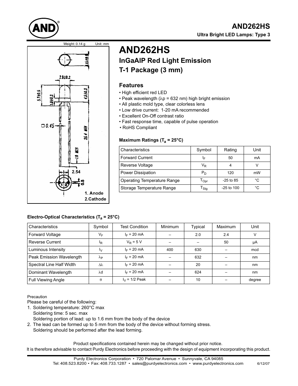 Purdy AND262HS User Manual | 2 pages