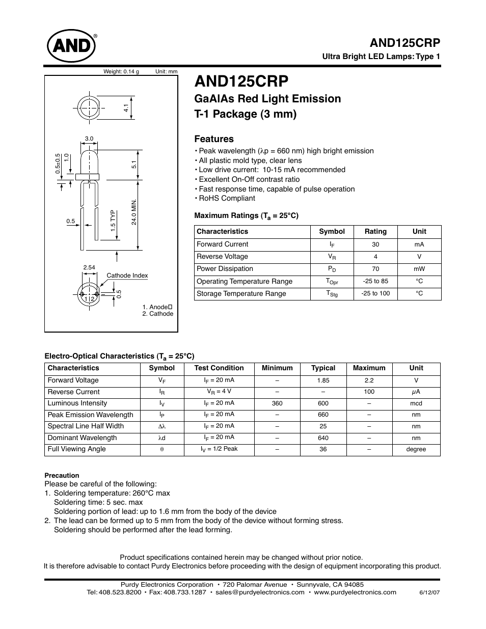 Purdy AND125CRP User Manual | 2 pages