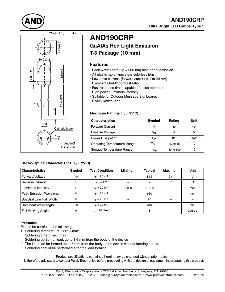 Purdy AND190CRP User Manual | 2 pages