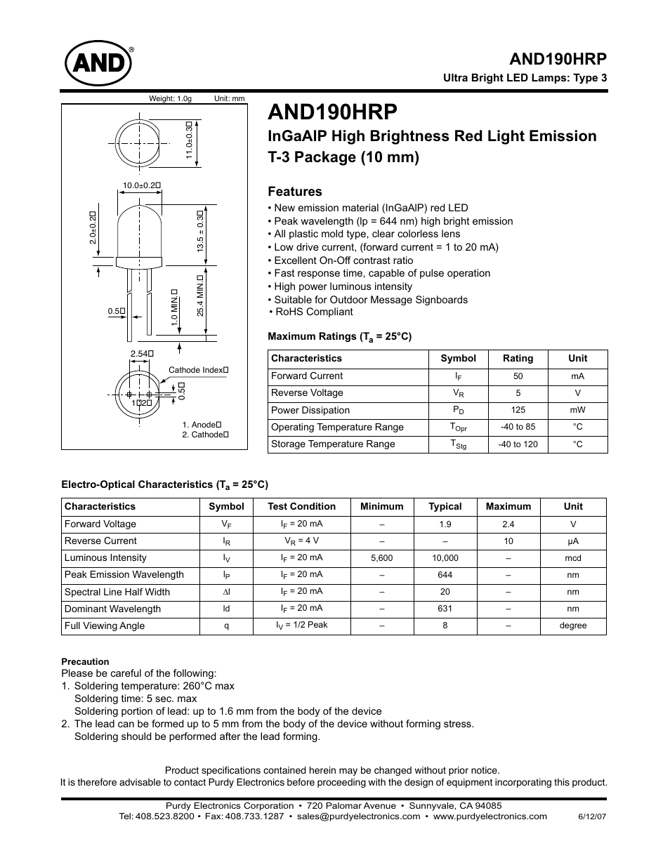 Purdy AND190HRP User Manual | 2 pages