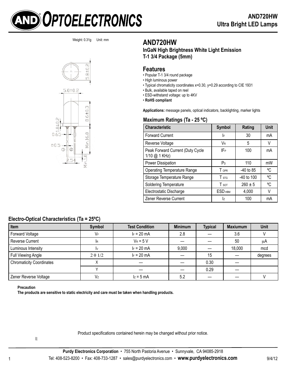 Purdy AND720HW User Manual | 3 pages