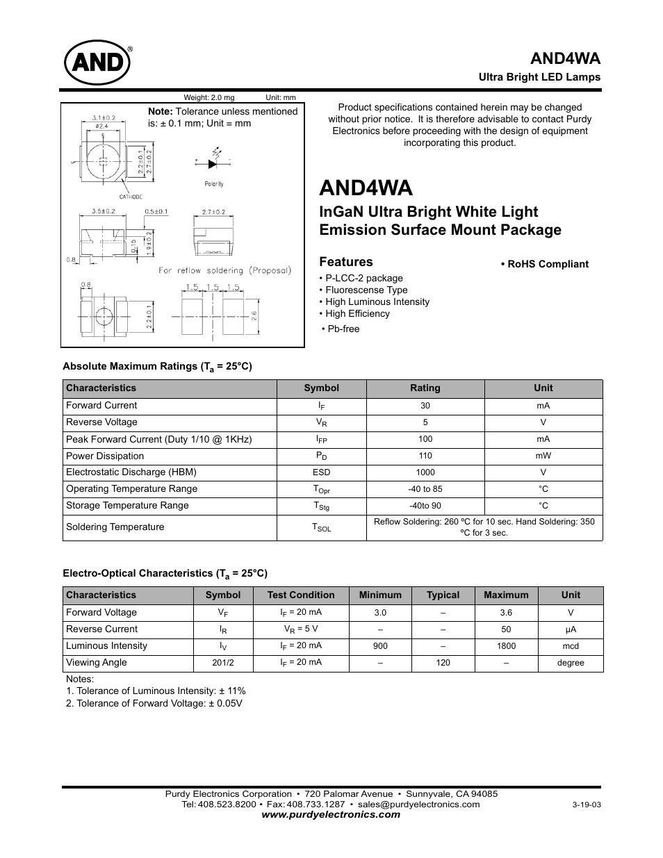 Purdy AND4WA User Manual | 2 pages