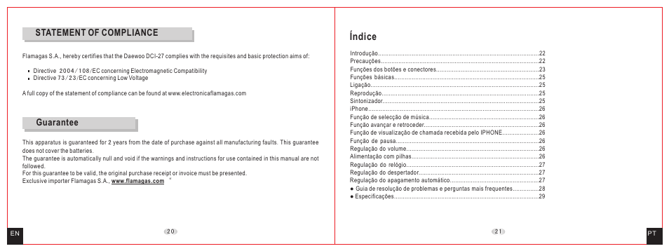 Índice, Statement of compliance, Guarantee | Daewoo DCI-27 User Manual | Page 12 / 17