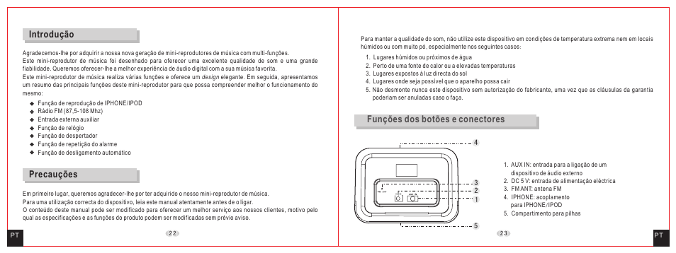 Introdução, Precauções, Funções dos botões e conectores | Daewoo DCI-27 User Manual | Page 13 / 17
