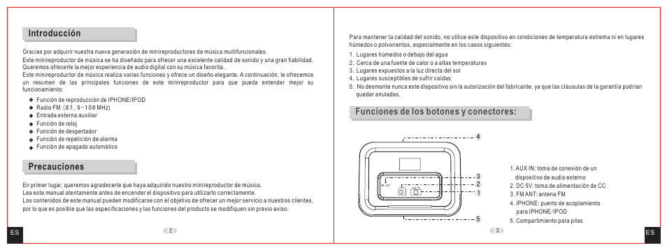 Introducción, Precauciones, Funciones de los botones y conectores | Daewoo DCI-27 User Manual | Page 3 / 17