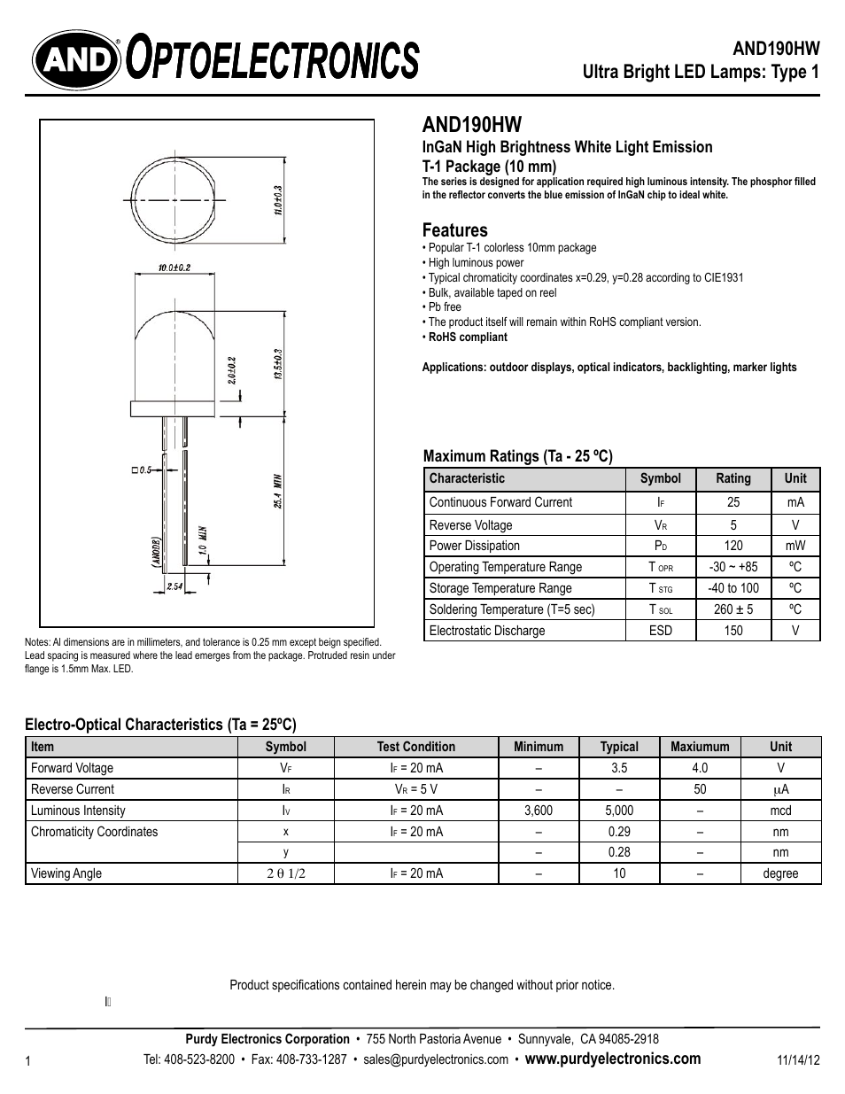 Purdy AND190HW User Manual | 2 pages