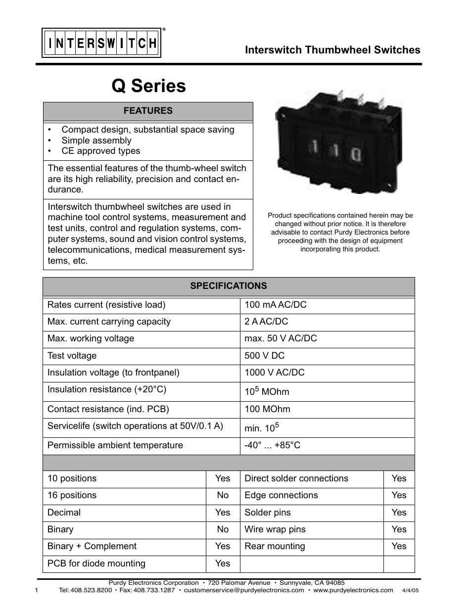 Purdy Q-Series Thumbwheel Switch User Manual | 3 pages