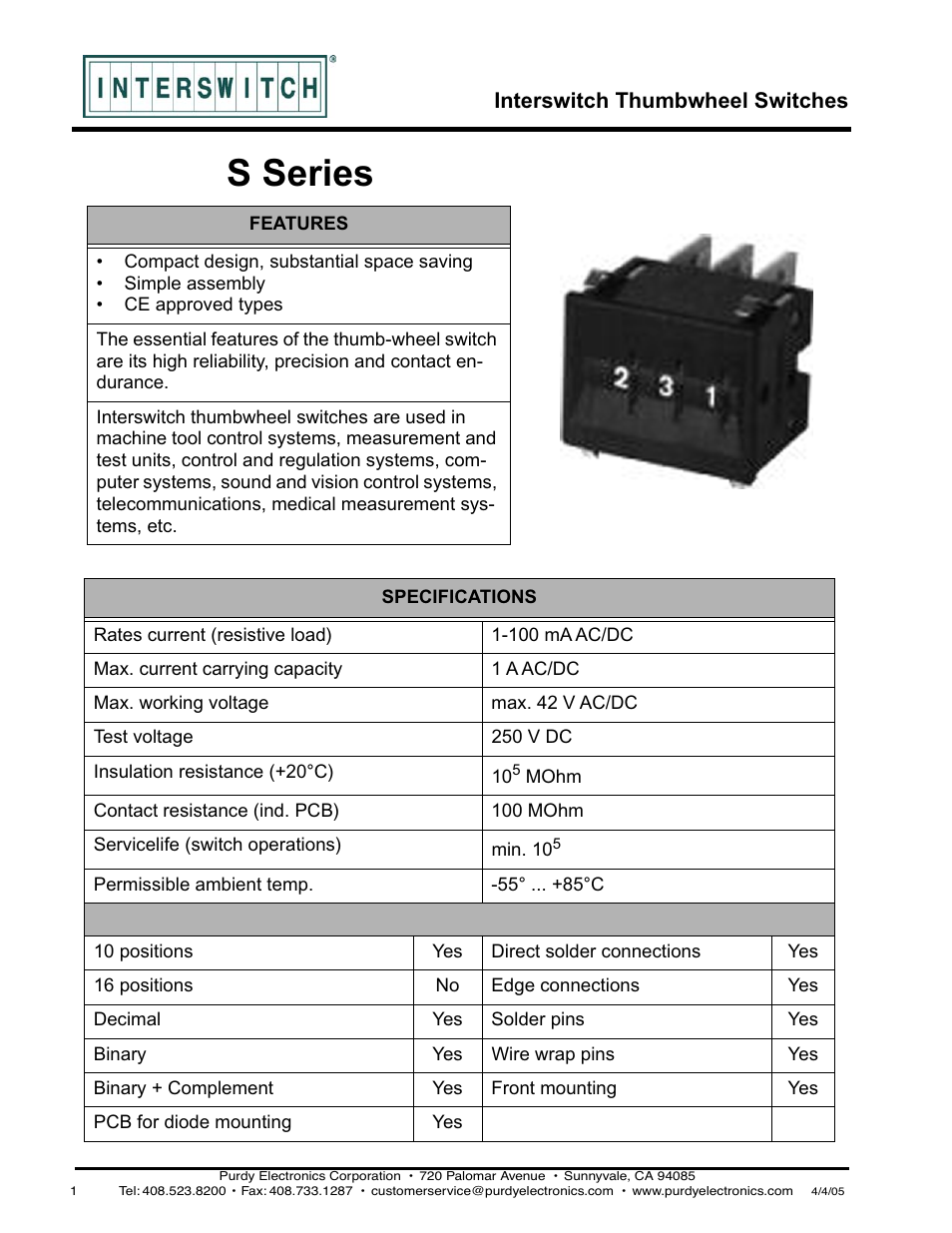 Purdy S-Series Thumbwheel Switch User Manual | 4 pages