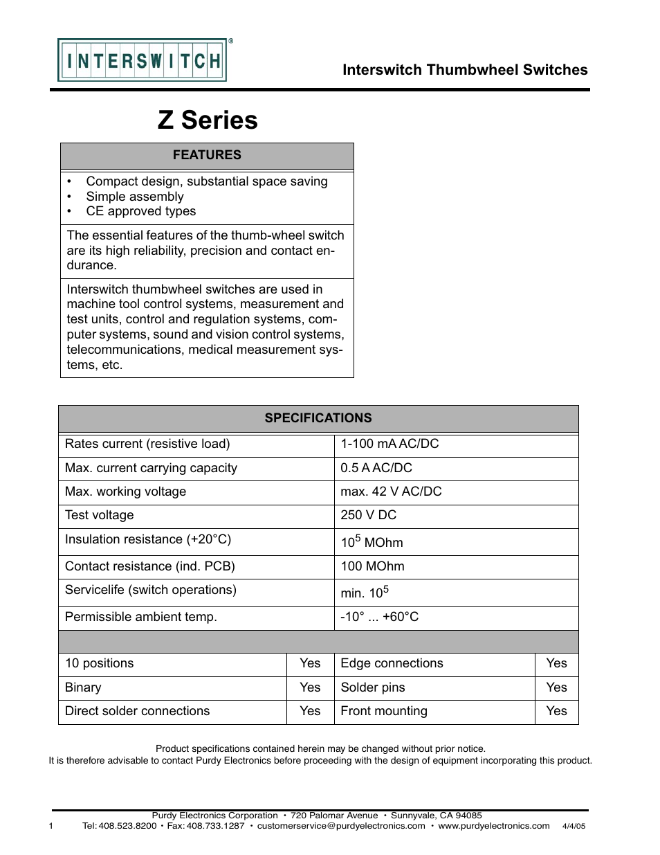 Purdy Z-Series Thumbwheel Switch User Manual | 3 pages