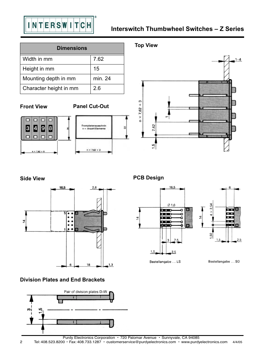 Interswitch thumbwheel switches – z series | Purdy Z-Series Thumbwheel Switch User Manual | Page 2 / 3