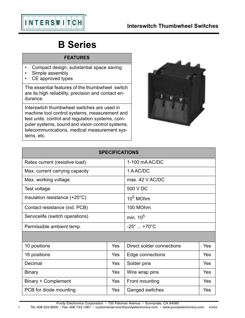 Purdy B-Series Thumbwheel Switch User Manual | 6 pages