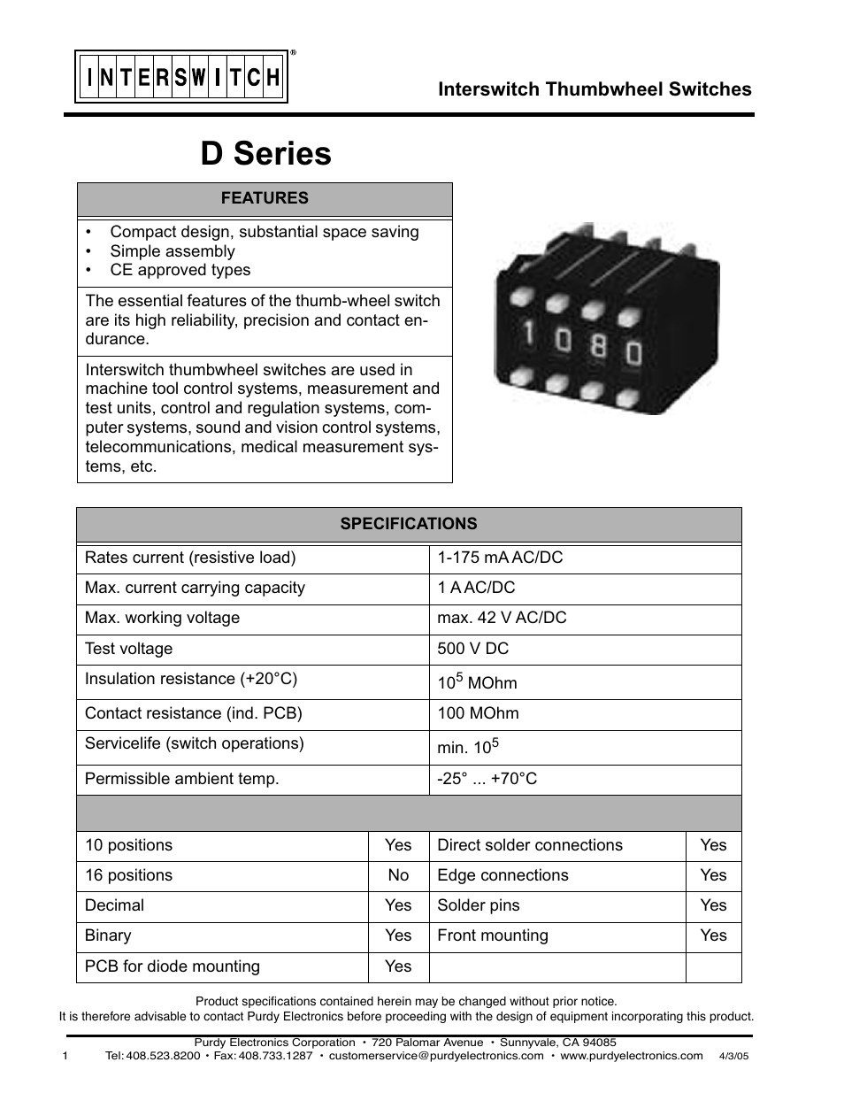 Purdy D-Series Thumbwheel Switch User Manual | 4 pages