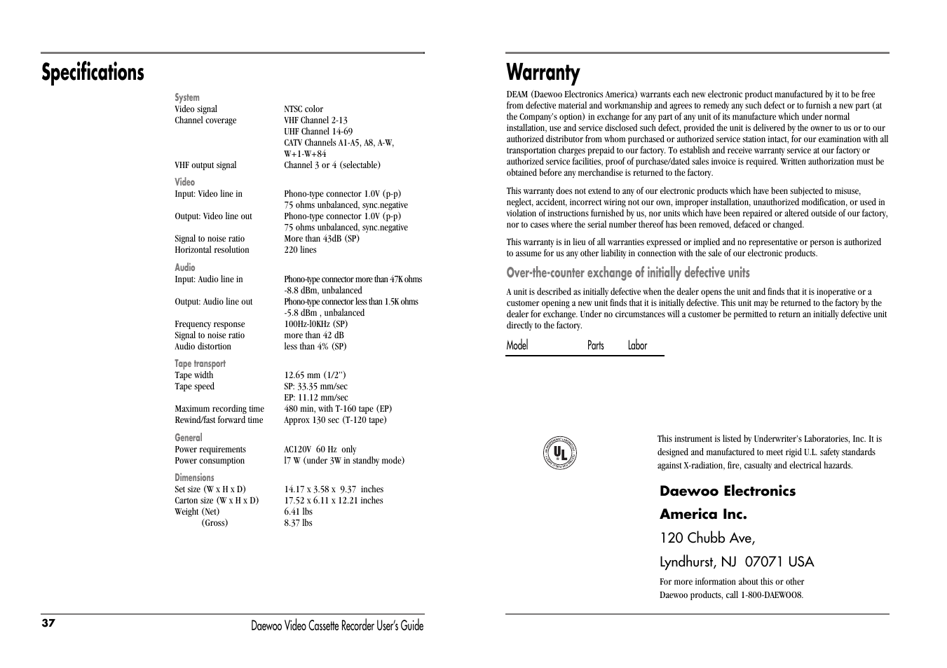 Warranty, Specifications | Daewoo DV-T47N User Manual | Page 22 / 22