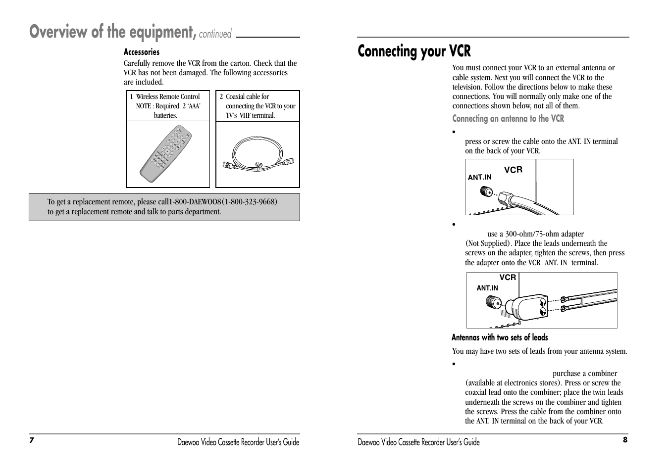 Overview of the equipment, Connecting your vcr, Continued | Daewoo DV-T47N User Manual | Page 7 / 22