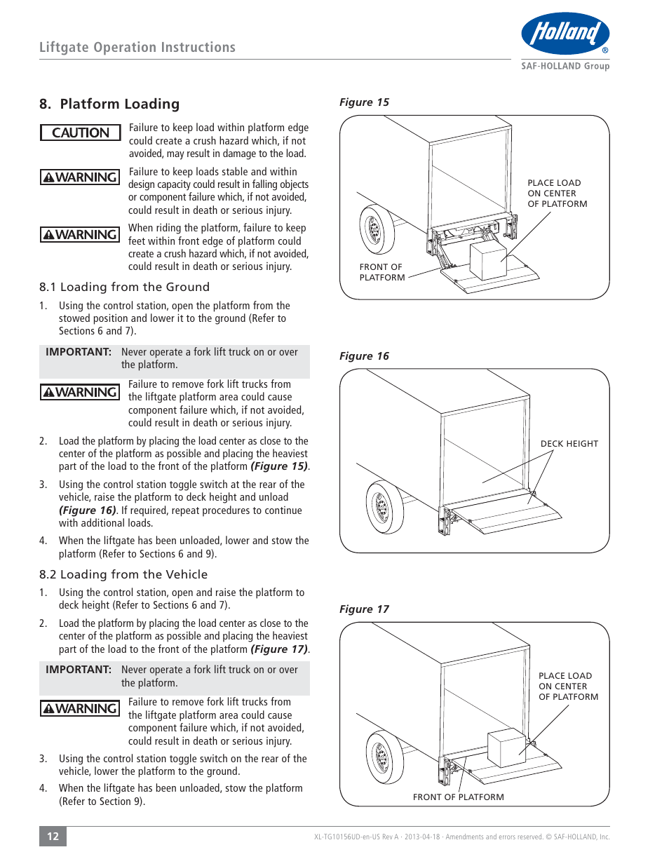 Liftgate operation instructions, Platform loading | SAF-HOLLAND XL-TG10156UD TLV Series Liftgate User Manual | Page 12 / 28