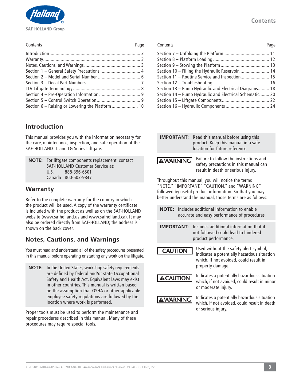 SAF-HOLLAND XL-TG10156UD TLV Series Liftgate User Manual | Page 3 / 28