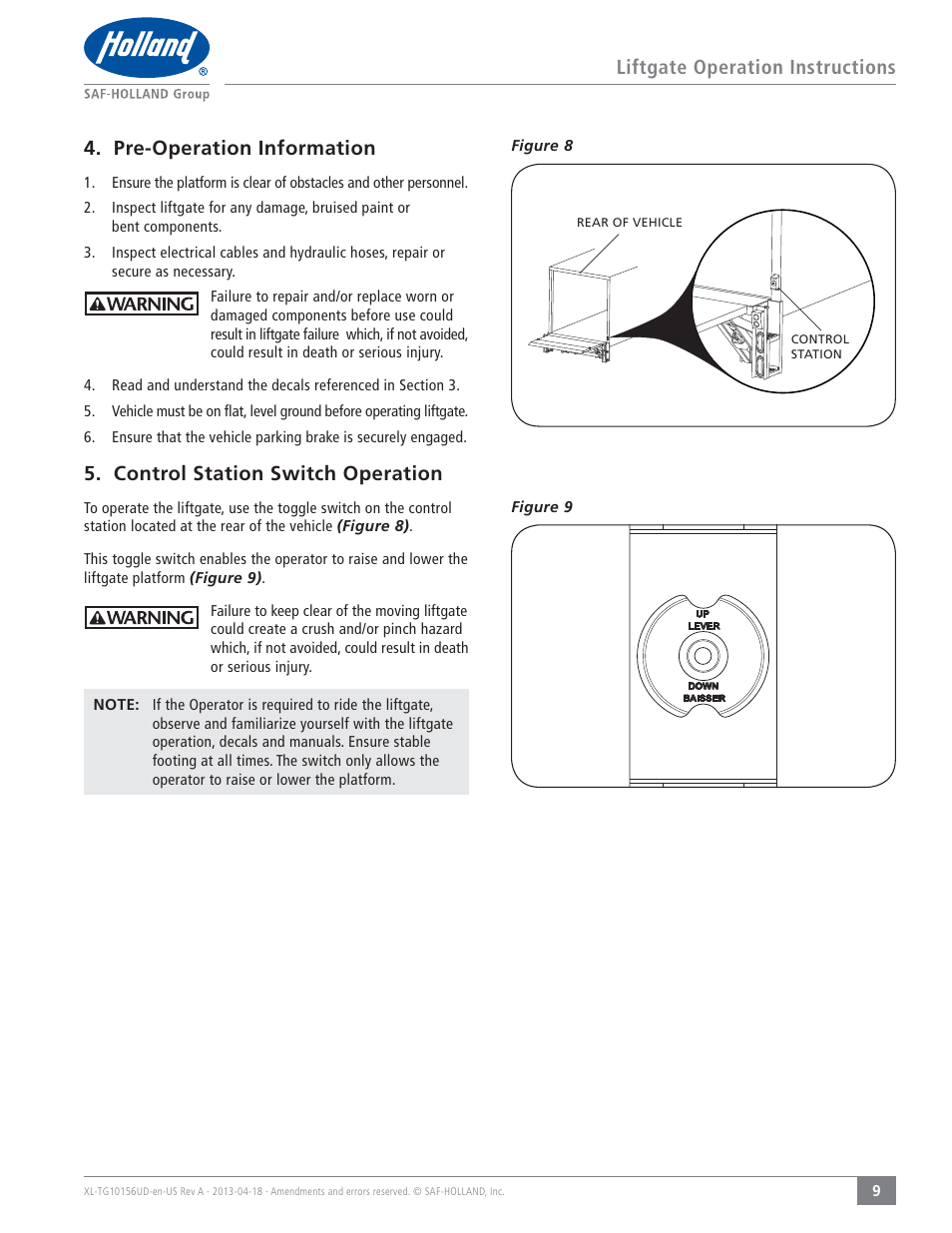 Control station switch operation | SAF-HOLLAND XL-TG10156UD TLV Series Liftgate User Manual | Page 9 / 28