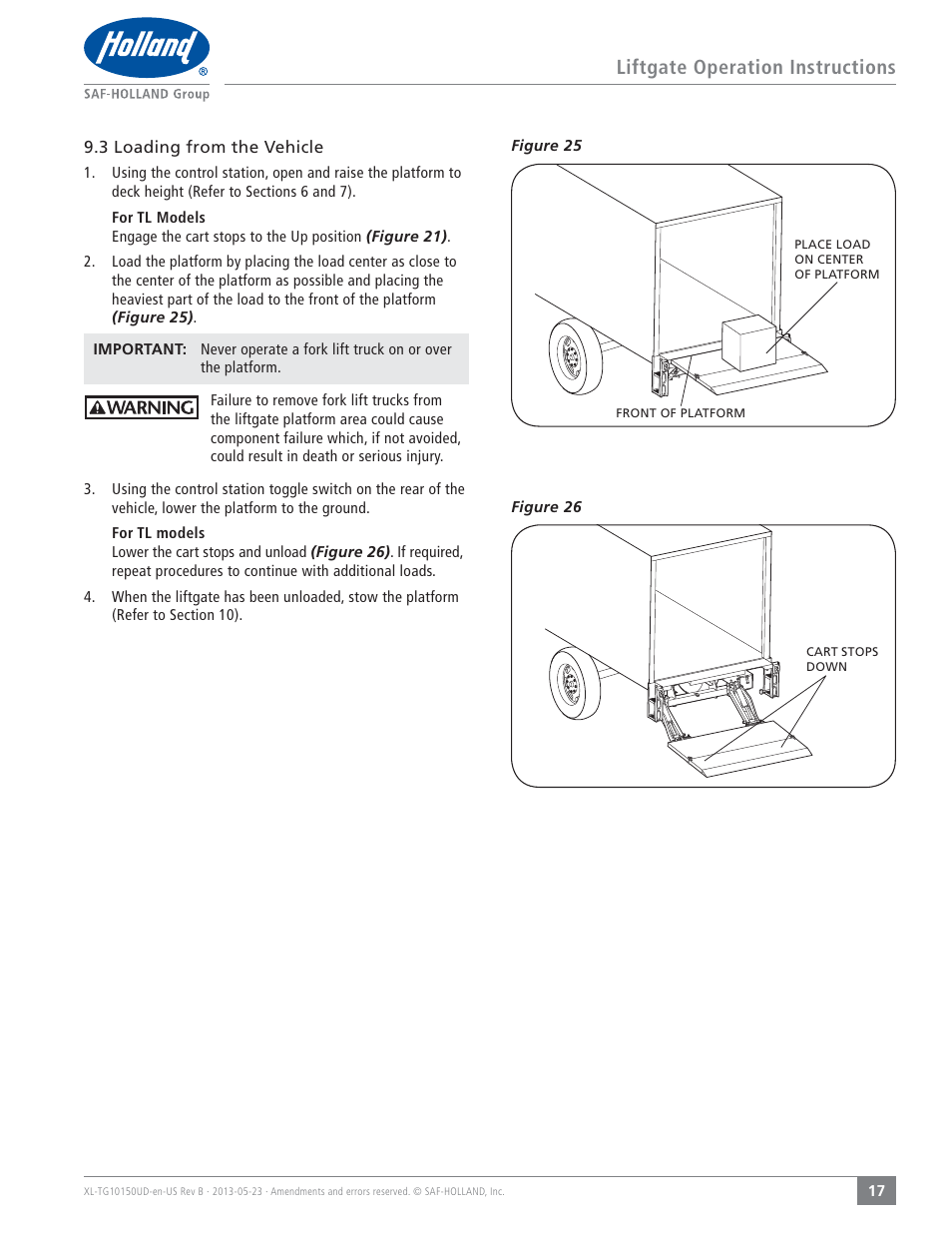 Liftgate operation instructions | SAF-HOLLAND XL-TG10150UD TL and TG Series Liftgates User Manual | Page 17 / 28