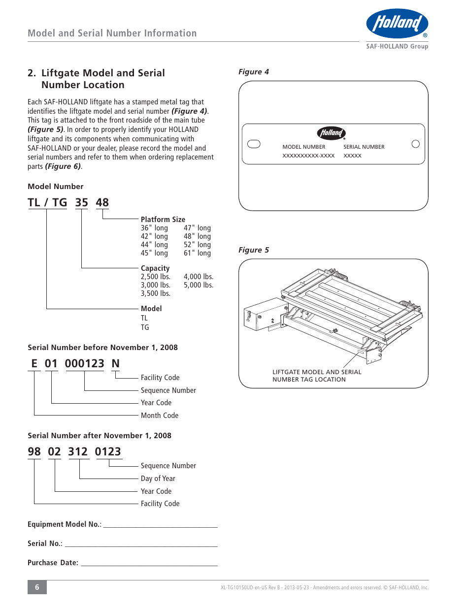 Tl / tg 35 48, Model and serial number information, Liftgate model and serial number location | SAF-HOLLAND XL-TG10150UD TL and TG Series Liftgates User Manual | Page 6 / 28