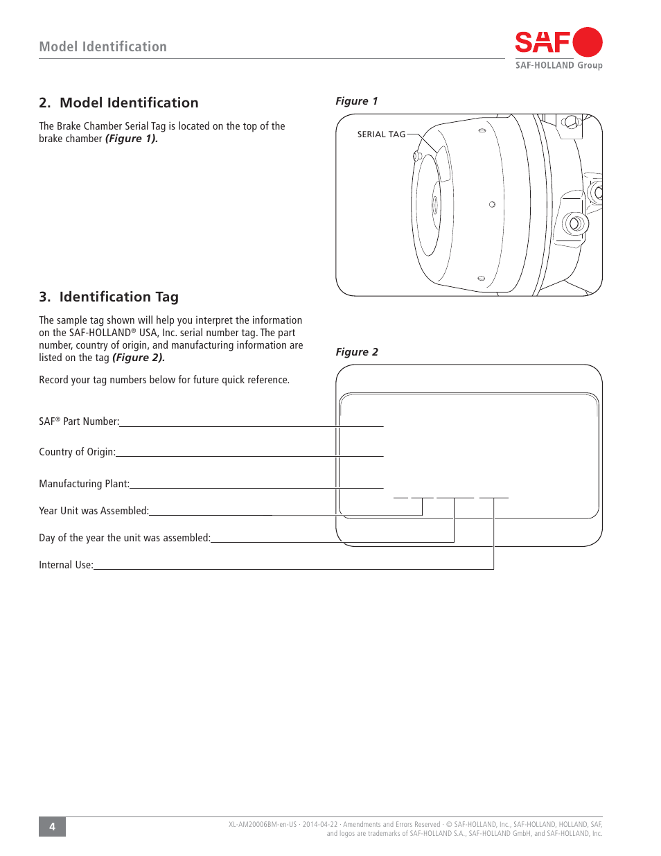 Model identification, Model identiﬁcation, Identiﬁcation tag | SAF-HOLLAND XL-AM20006BM Brake and Service Chamber User Manual | Page 4 / 16